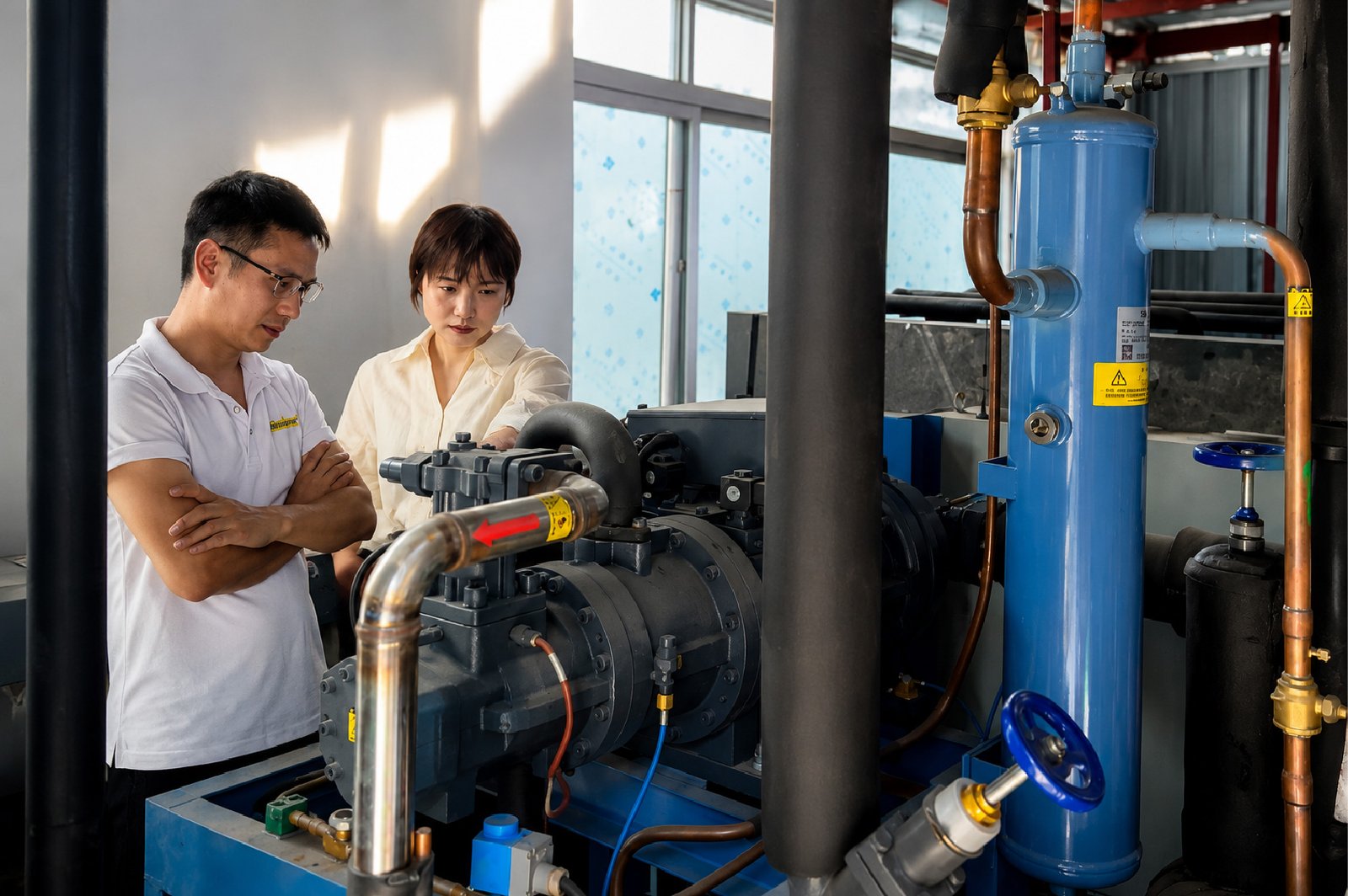 Technical discussion beside a refrigeration compressor unit and system pipework